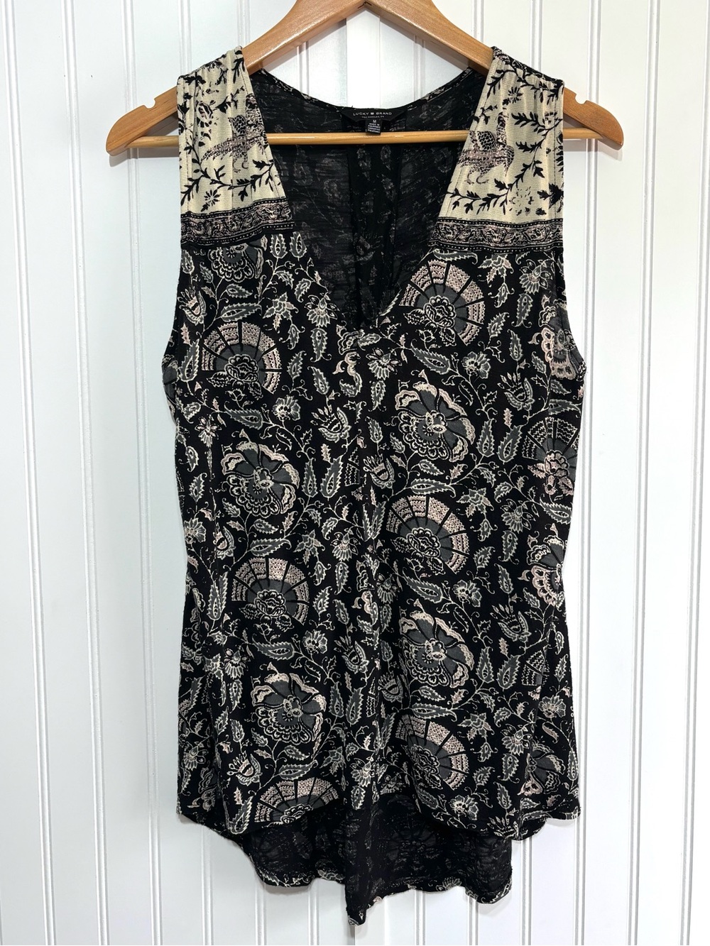 Lucky Brand Black Floral V-neck High Low Boho Women’s Tank Top Size M